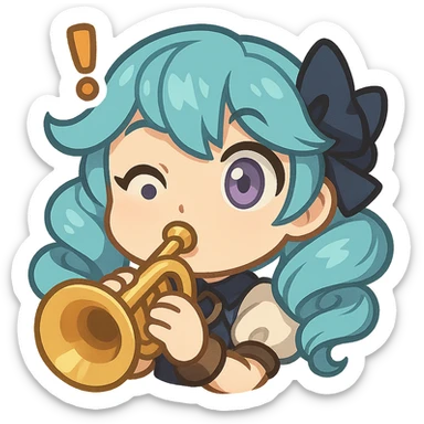 chibi style emote of Gwen from League of Legends, just the head, right eye purple, playing a trumpet, surprised expression sticker