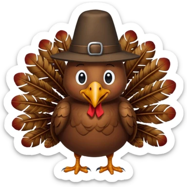 happy-looking turkey wearing a pilgrim hat. sticker