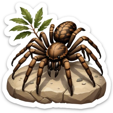Close-up of a giant hairy tarantula in its natural habitat, with intricate web details surrounding it. The spider's texture is highlighted, emphasizing its hairy legs and features. Soft background with natural elements like leaves or rocks. Transparent background. sticker