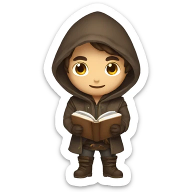 human male rogue with brown hair holding a book wearing a hood smiling sticker