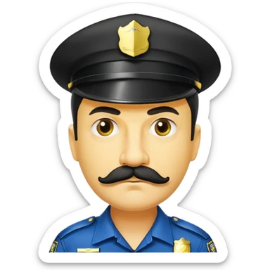 đàn ông 50 tuổi, da vàng, có ria mép màu đen, tóc ngắn, đội mũ cảnh sát màu đen, mặt nghiêm túc sticker