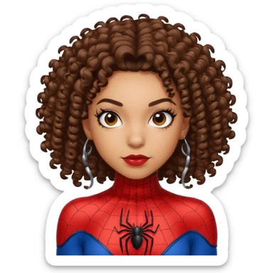 Lightskin girl with curly hair, eyebrow piercing in left side, wearing a spider man costume sticker