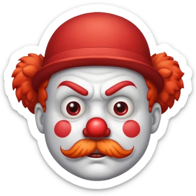 Angry clown — furrowed brow, mustache, tiny hat. sticker