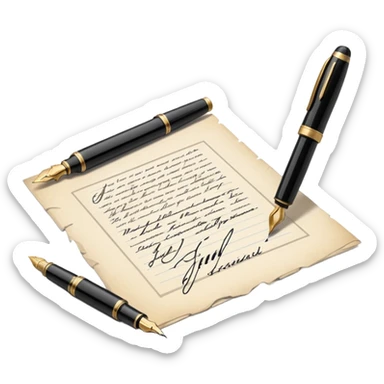 Icon for Autograph Collecting: a signature on a piece of paper with a vintage fountain pen beside it, and a collection of autographed photos or memorabilia in the background. The icon should convey the passion for collecting famous signatures. Transparent background. sticker