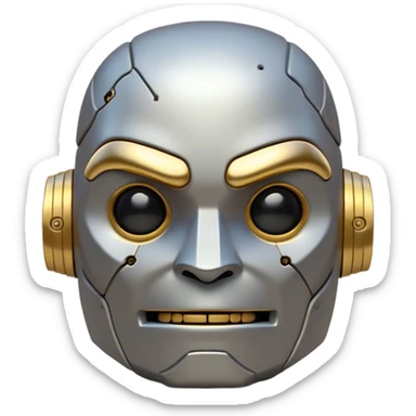 Cinematic Cute Mighty Iron Golem Portrait Emoji Head tilted playfully and inquisitively, featuring a sleek yet sturdy metal form with smooth, polished steel plating and glowing golden engravings, accented by faintly humming energy veins that pulse with life; rendered with lifelike clarity and soft, natural reflections, high shine, charming yet robust, styled with a touch of whimsical fantasy, soft glowing outline, capturing the essence of a watchful yet endearing golem, as if it might shift its massive head with a slow, thoughtful nod at any moment! sticker