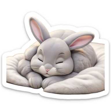 Meme-Worthy Cute Sleeping Grey Rabbit Portrait Emoji, Head resting peacefully with a contented smile, showcasing a delightfully compact build and a luxuriously soft grey fur, eyes shut in a serene nap, Simplified yet hilariously adorable features, highly detailed, glowing with a soft, drowsy light, high shine, relaxed and utterly lovable, stylized with an air of playful laziness, bright and heartwarming, soft glowing outline, capturing the essence of a comically sleepy bunny, so meme-worthy it feels like it could instantly become the next viral sensation of adorable slumber! sticker