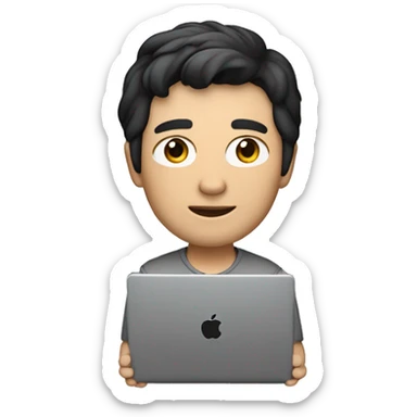 Create an image :  memoji of a male developper with a laptop in front,apple style,  modern, black hair, white skin, grey zip col swetter

 sticker