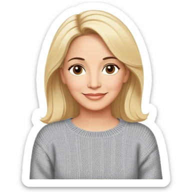 Linette Torres, 50-something Puerto Rican actress with fair complexion, extremely kind-hearted expression, bright caring eyes, soft motherly smile, blonde hair with relaxed styling, wearing a comfortable casual sweater sticker