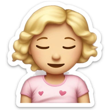 A blond girl sleeping in a bed, the bed sheets have pink really tiny hearts  sticker