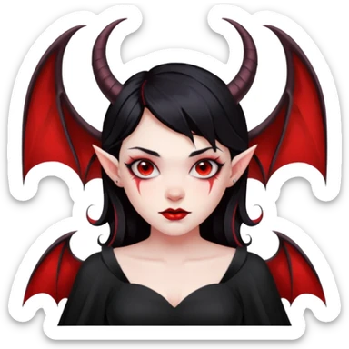 Demon girl, entire skin solid red, black hair, horns, bat wing, black dress, tattoo-flash comic. sticker