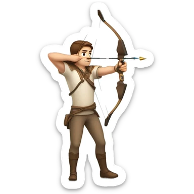 a male archer aiming with a bow looking at his target, brown hair, bright skin, sticker