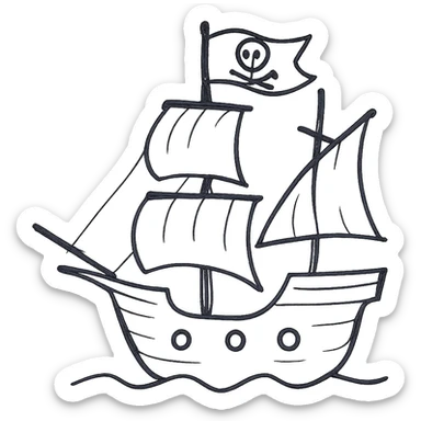 pirate ship, hand drawn icon style, sketchy black lines, no fill, no text sticker