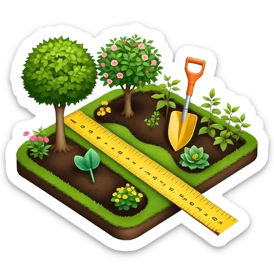 Icon for Landscape Design: a garden layout with plants, trees, paths, and design tools like a spade, pencil and measuring tape. The icon should represent creativity in outdoor space planning and gardening. Transparent background. sticker
