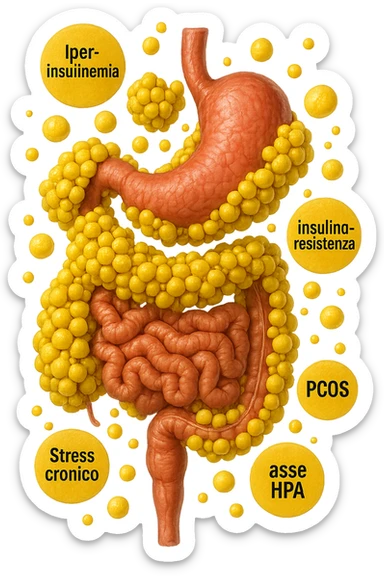 STOMACO E INTESTINO SONO VERTICALMENTE COLLEGATI E INTORNO A QUESTI ORGANI CI SONO CELLULE DI GRASSO GIALLE ATTACCATE SOPRA A GRAPPOLI, intorno fluttuano cellule di grasso giallo e alcune targhette con queste parole "Iperinsulinemia", "insulino-resistenza", "PCOS", "Stress cronico", "asse HPA", FALLO REALISTICO, NON DISEGNATO, IPERREALISTICO 4K sticker