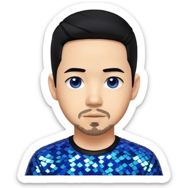 Mike Shinoda with black hair with blue highlight, black sequin shirt, brown eyes sticker