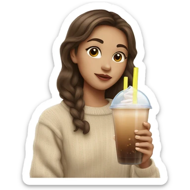 girl with brown hair in beige sweater drinking a bubble tea sticker
