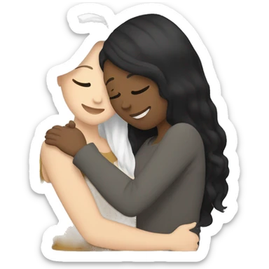A lesbian couple that both have white skin and long black hair are hugging intimately, and romantically. sticker