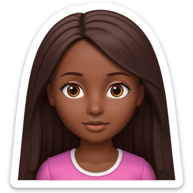 Boneca digital em estilo 3D realista e fofo, semelhante a uma boneca colecionável. Mulher jovem com pele negra, olhos castanhos escuros, cabelo liso cor chocolate, longo e bem alinhado.  sticker
