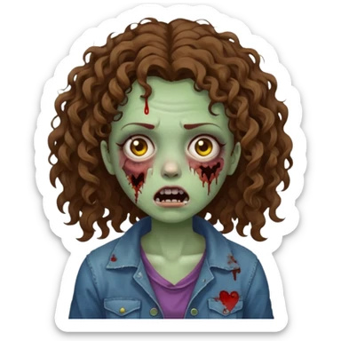 Zombie girl with curly brown hair como emoji de iphone y con la boca un poco lastimada  sticker
