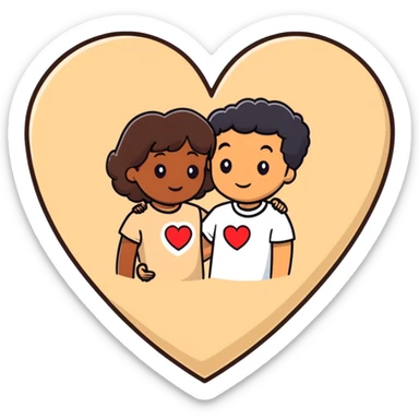 A couple with dark brown hair and mixed skin tone inside a white heart, wearing beige clothes sticker