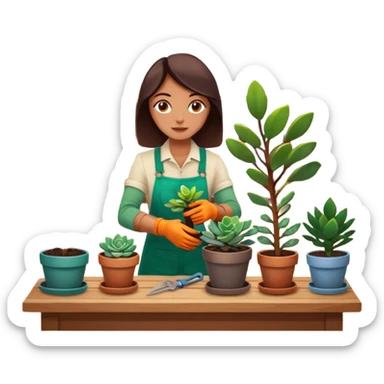 Close-up of a person planting a sapling in a pot. Around, potted plants and succulents with vibrant leaves and flowers. Sunlight filters through the window, casting soft shadows. Cozy indoor space with gardening tools on a wooden table. sticker