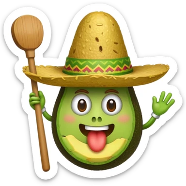 avocado in guacamole, wearing a sombrero, with a cartoon mallet above its head, whack-a-mole inspired, iOS emoji style sticker
