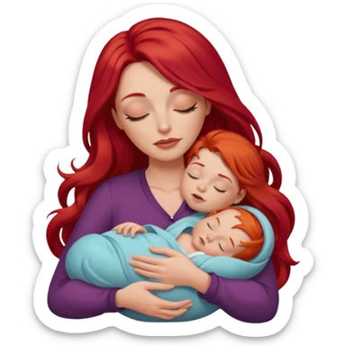White woman with long red hair and makeup holding a sleeping baby sticker