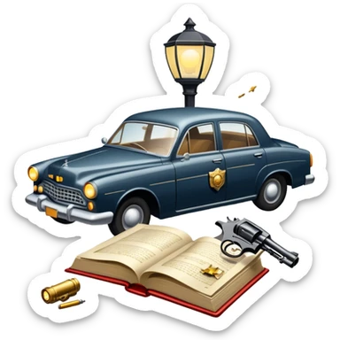 Icon for Action & Crime Reading: an open book with dramatic crime scenes—bullet holes on pages, a detective badge, a revolver and a getaway car. Surrounding elements include a flickering streetlight. Transparent background. sticker