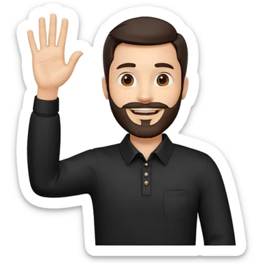 This image is a Memoji-style digital avatar sticker featuring a smiling man with a beard, dark hair, and a raised hand in a waving gesture.

Detailed Description for Recreation:
Face & Expression:

The avatar has a round face with a well-groomed black beard and mustache.

Eyebrows are slightly curved and match the black hair.

The eyes are black with a friendly expression, and the mouth is open in a warm smile showing white teeth.

Hair:

The hair is short, black, and slightly wavy with a styled quiff.

Hand Gesture:

The right hand is raised in a waving gesture, with fingers slightly spread apart.

Clothing:

The avatar is wearing a black, long-sleeved collared shirt.

Background & Style:

The background is transparent (common for stickers).

The art style is 3D cartoon-like, similar to Apple’s Memoji avatars. sticker