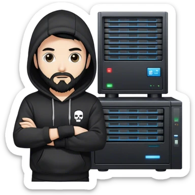 hackeur blanc cheveux noir barbe et capuche noir à côté d'un server ia sticker