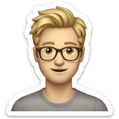 27 year old man with dirty blond hair, pale skin, parted on the side,honey colored glasses, stubble sticker