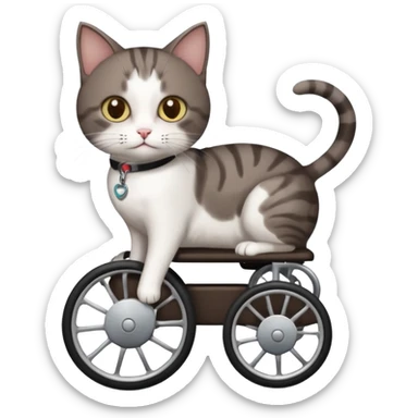 full body small short hair dark brown and white cat with hazel eyes walking in a wheelchair for cats sticker