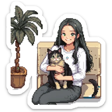 beautiful girl with long black hair smiling petting a gray and blonde mixed cat on her lap, pixel art style sticker
