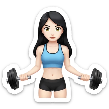 Pale girl with long black hair lifting weights sticker