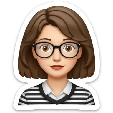 fair-skinned caucasian woman, 40s, chin-length rather wavy/unruly brown-ish hair with some white stripes (shaggy haircut), hazel eyes sticker