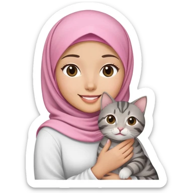 Asian White girl wearing pink hijab and white dress holding a black grey tabby cat while smiling.  sticker