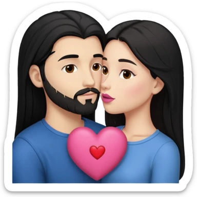 👩🏻‍❤️‍💋‍👨🏻 this one but the man should be bald. white woman with long black hair and white bald young man whoitiut hair and a heart between their heads. she has pink lips and both have brown eyes. he has e full beard but short. sticker