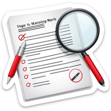 Create an emoji representing editing and proofreading. The design should feature an open document or manuscript with visible text and proofreading marks (such as red underlines or corrections). A red pen or pencil should be placed near the document, symbolizing the act of making edits. Optionally, include a magnifying glass to represent careful review. Use neutral and professional colors like white, black, and red accents to highlight the editing process. Do not include any emojis or smiley faces. Make the background transparent. sticker