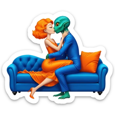 A reptilian alien woman in orange dress kissing human man in blue dress, on sofa sticker