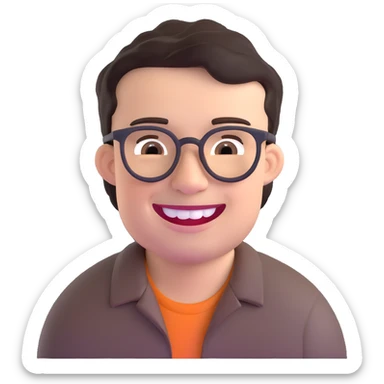 smiling dark-haired man with glasses, big teeth, standard male haircut, rural farmer sticker