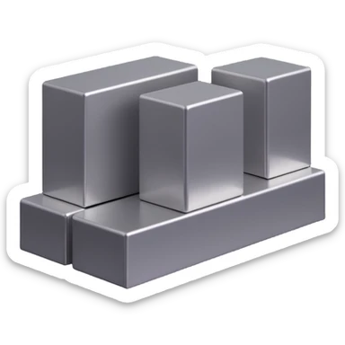 three long steel blocks, two on the bottom and one on top, 3D perspective, metallic shine, rectangular shape sticker