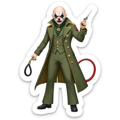 evil clown, bald, black horns on forehead, fangs, pointed ears, eye patch over one eye, long coat over black and military green leisure suit with bellbottom pants, tail, holding a different style of whip, realistically proportioned, less bulky, full body, battle-ready, fighting posture sticker