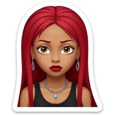 light-skinned black girl with very long eyelashes with long strait dark red hair with edges wearing a black top with no sleeves. and a red accessory on her head with nose and mouth piercings and is a baddie and looks like a bad girl. sticker