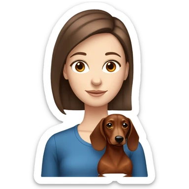 White girl with straight brown hair and blue eyes holding a red dachshund  sticker