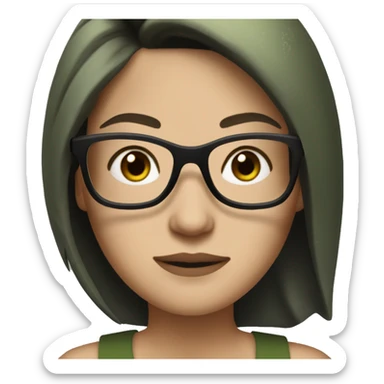 white skined woman with black straight hair with a olive green tank top with glasses tortoise  sticker