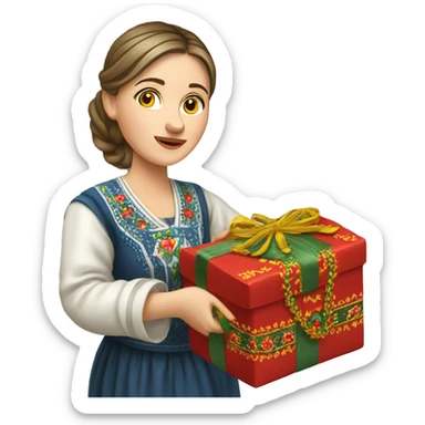 A female teacher in Ukrainian embroidery holds a gift in her hand sticker