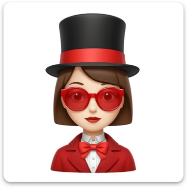 3D apple-style emoji of a whimsical character inspired by the uploaded photo, simplified shapes, cartoon-like look, glossy finish, soft shadows, white background, tall top hat with ribbon, large round white sunglasses, short brown bob haircut, elegant collar, red coat, playful and iconic sticker