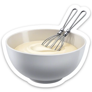 Cinematic Realistic Whisk & Mixing Bowl, a well-used metal whisk resting in a smooth ceramic mixing bowl, light reflecting off the whisk’s polished surface, subtle smears of batter along the rim, glowing with a sense of warmth and creativity. sticker
