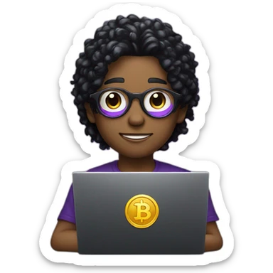 A Boy with purple and black hair black full tshirt with glossy gogle siting with laptop and crypto coin  sticker