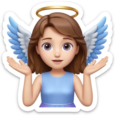 Cute 3D angel emoji, brown hair, glowing halo, small blue-white wings, pastel purple dress, hands raised, big expressive eyes, soft lighting, glossy texture, Pixar style, high detail sticker